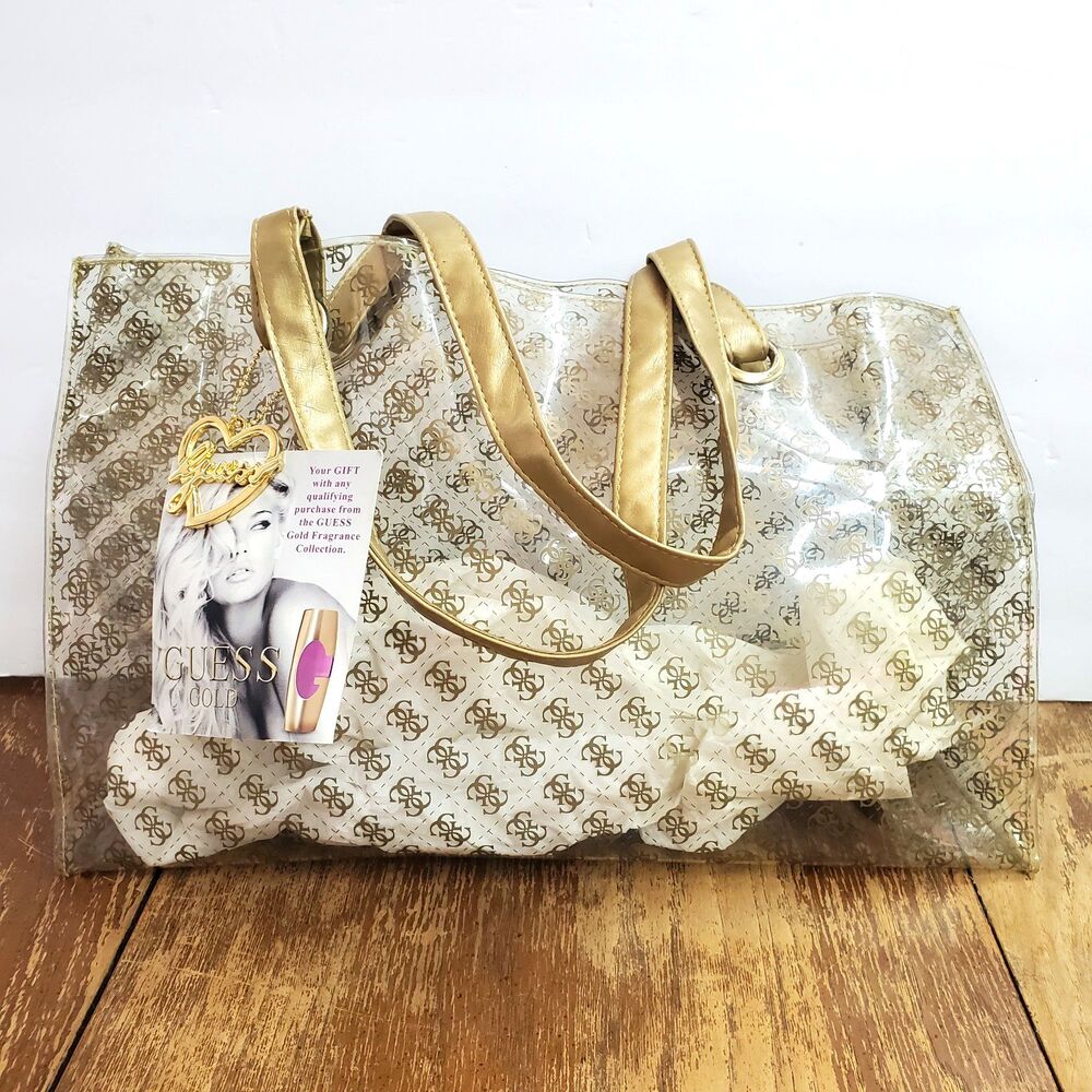 GUESS Tuana Clear Tote Bag Large Transparent Logo Shopper Purse Gold GWP NWT